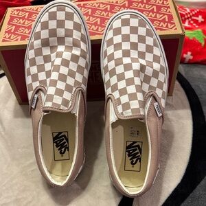 Vans Beige and White Checkered Slip-Ons